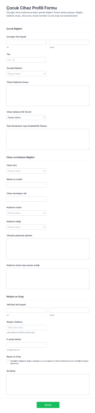 Çocuk Cihaz Profili Form Şablonu