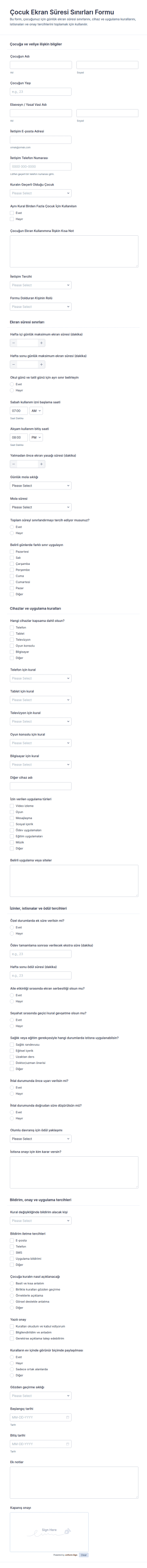 Çocuk Ekran Süresi Sınırı Form Şablonu
