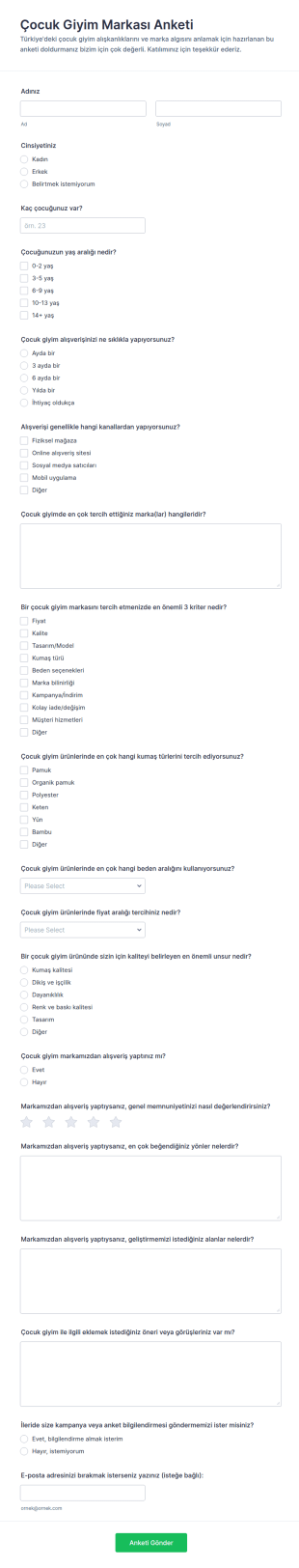 Çocuk Giyim Markası Anketi Form Şablonu