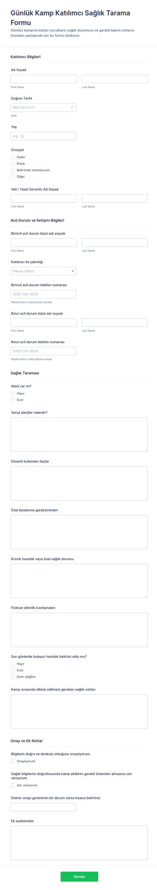 Çocuk Kamp Sağlık Kontrol Form Şablonu