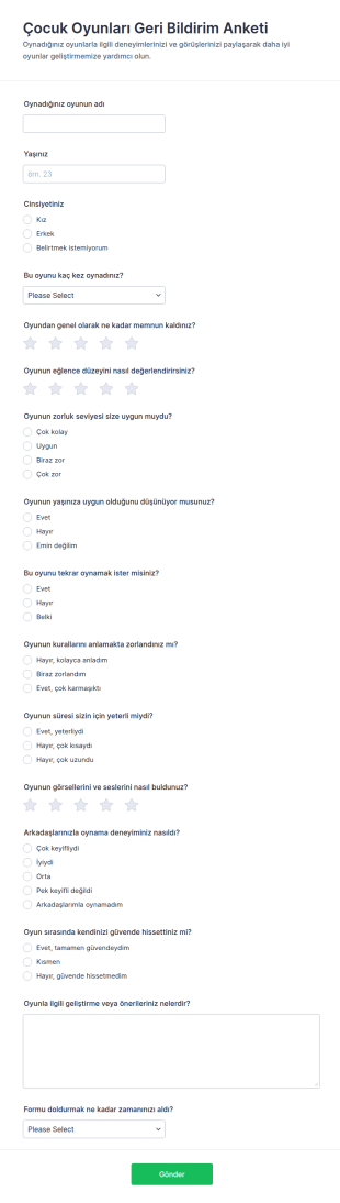 Çocuk Oyunu Geri Bildirim Anketi Form Şablonu