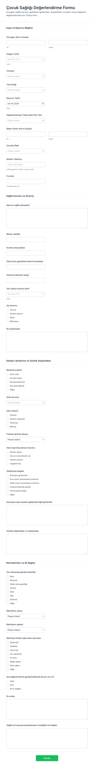 Çocuk Sağlığı Değerlendirme Anketi 🩺 Form Şablonu