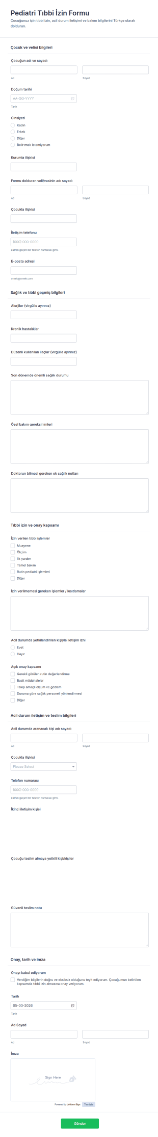 Çocuk Sağlığı Ve Güvenliği Bırakma Form Şablonu