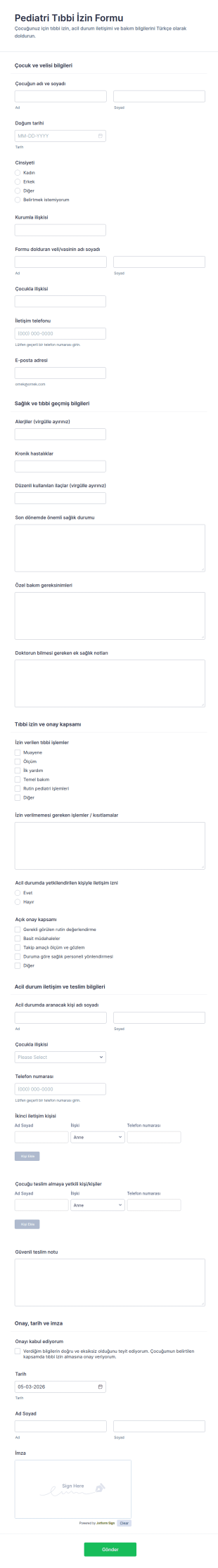 Çocuk Sağlığı Ve Güvenliği Bırakma Form Şablonu