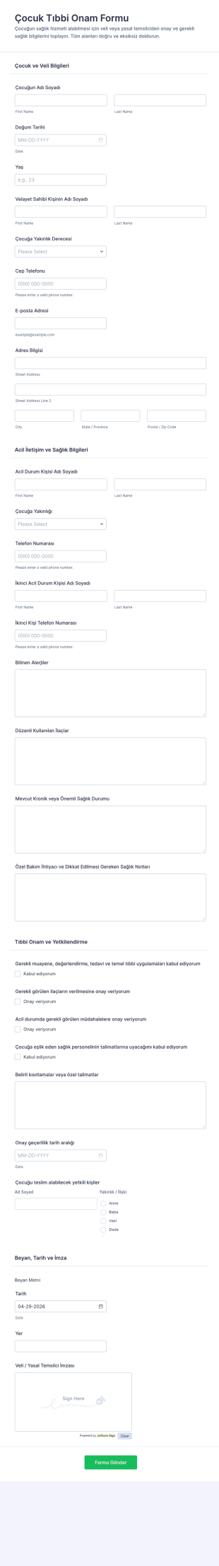 Çocuk Sağlık Onay Form Şablonu
