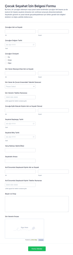 Çocuk Seyahat Onay Form Şablonu