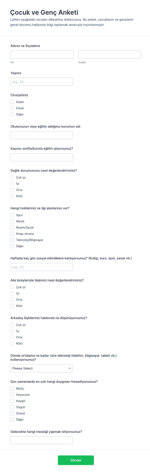 Çocuk Ve Genç Anketi Form Şablonu
