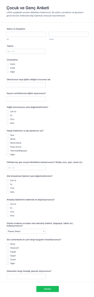 Çocuk Ve Genç Anketi Form Şablonu