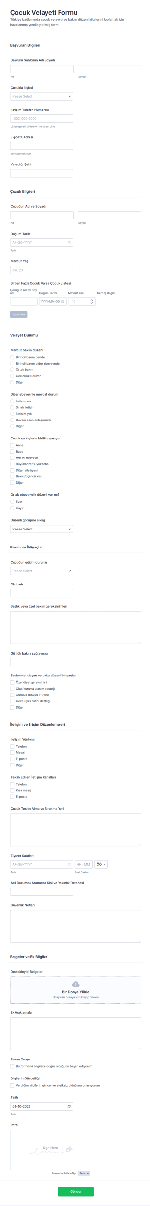 Çocuk Velayet Form Şablonu