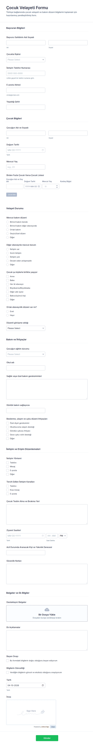 Çocuk Velayet Form Şablonu