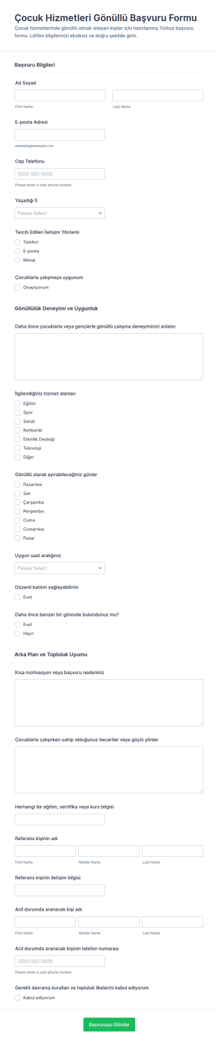 Çocuklar Dairesi Gönüllü Başvuru Form Şablonu