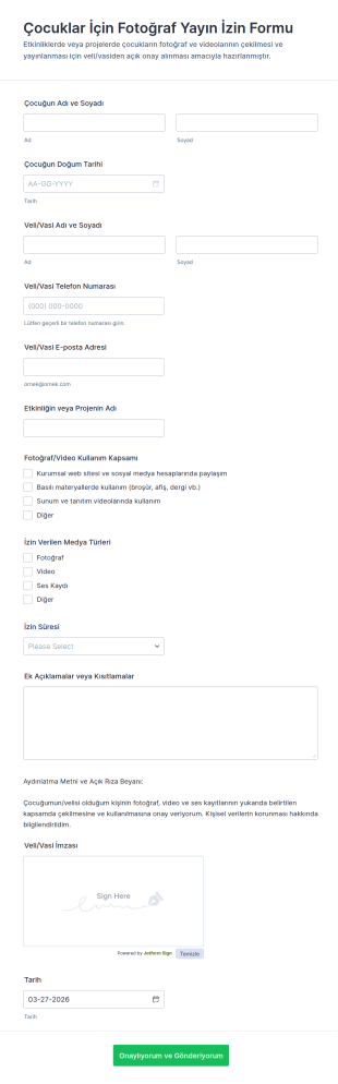 Çocuklar İçin Fotoğraf Yayın İzin Form Şablonu