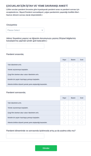 Çocuklar Için İştah Ve Yeme Davranışı Anket Form Şablonu