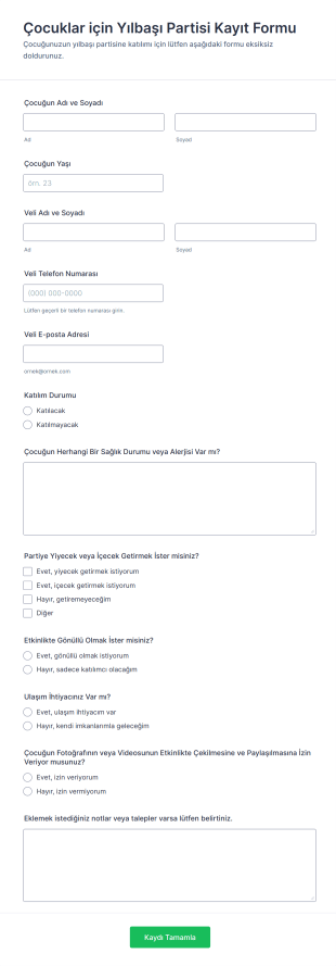 Çocuklar Için Yılbaşı Partisi Kayıt Form Şablonu