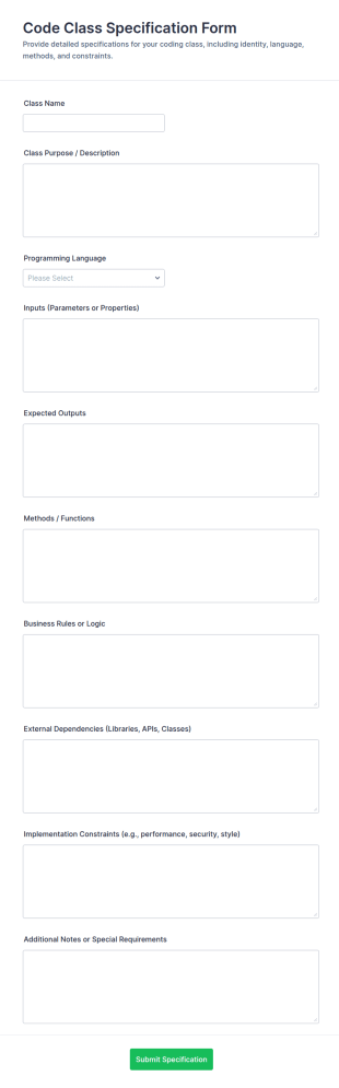 Code Class Specification Form Template