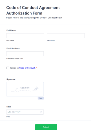 Code Of Conduct Agreement Authorization Form Template