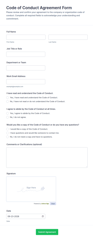 Code Of Conduct Agreement Form Template