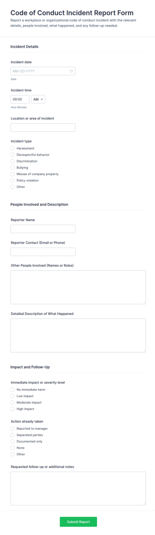 Code Of Conduct Incident Report Form Template