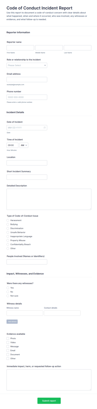 Code Of Conduct Incident Report Form Template