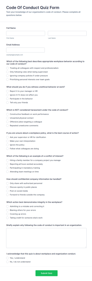 Code Of Conduct Quiz Form Template