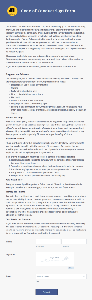Code Of Conduct Sign Form Template