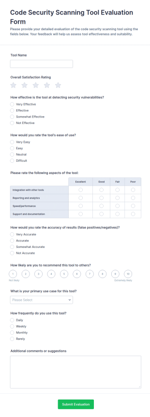 Code Security Scanning Tool Evaluation Form Template