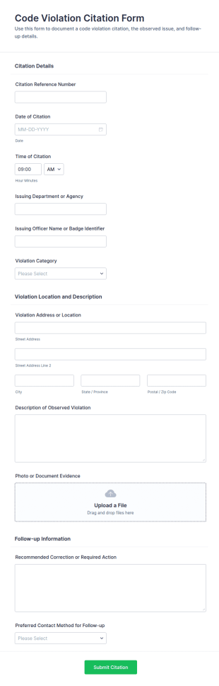 Code Violation Citation Form Template