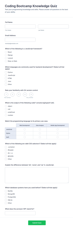 Coding Bootcamp Knowledge Quiz Form Template