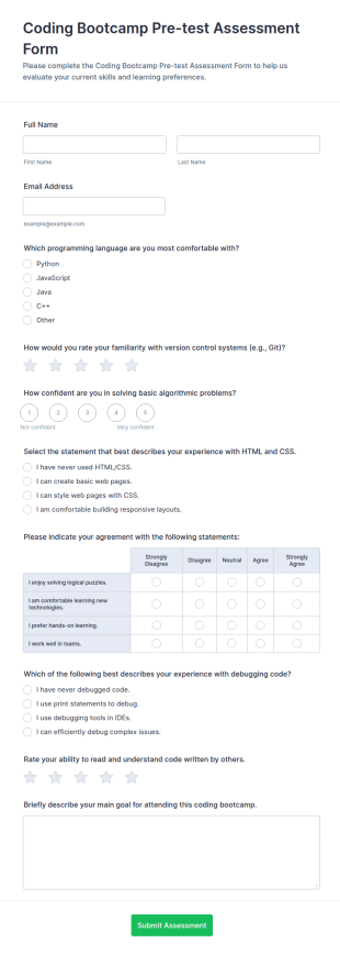 Coding Bootcamp Pre Test Assessment Form Template