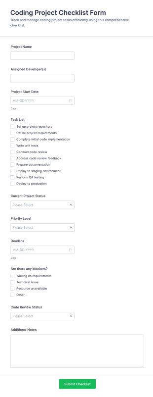 Coding Project Checklist Form Template