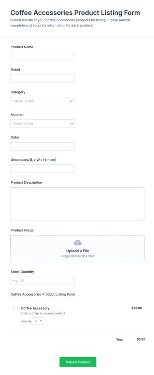 Coffee Accessories Product Listing Form Template