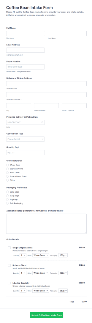 Coffee Bean Intake Form Template