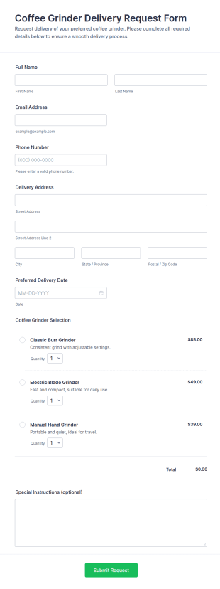 Coffee Grinder Delivery Request Form Template