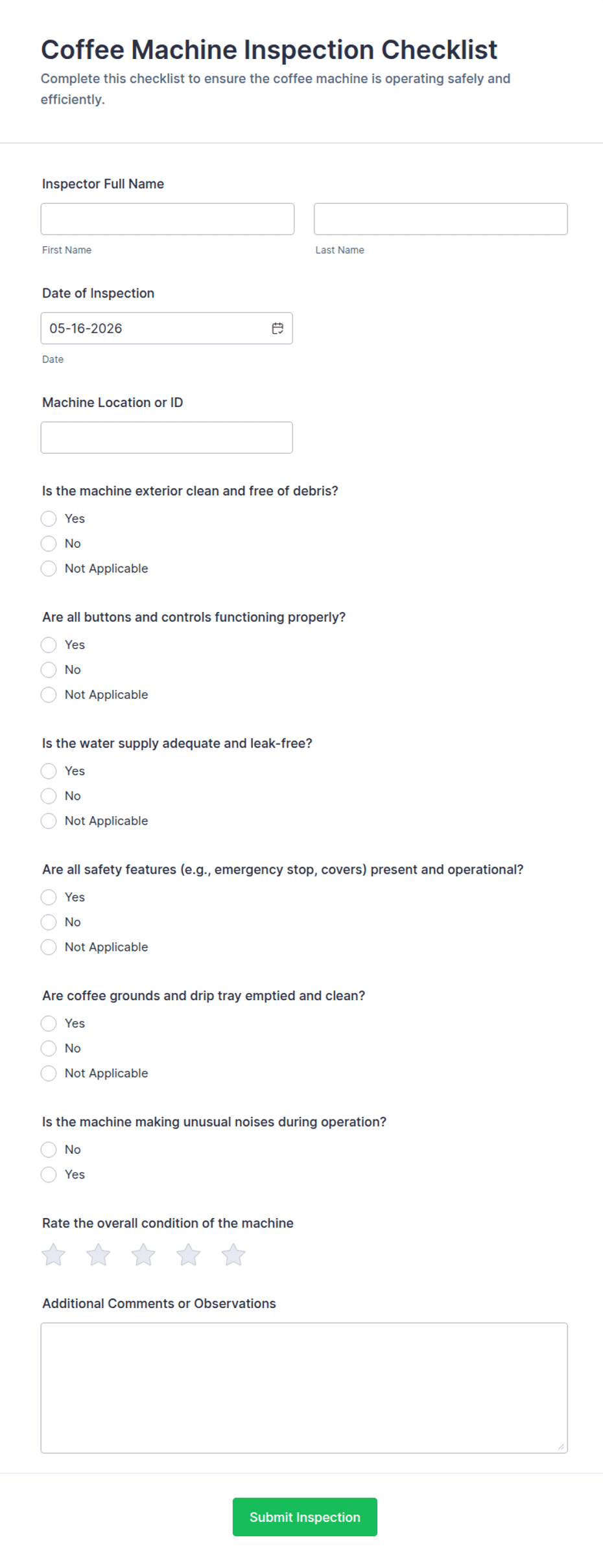 Coffee Machine Inspection Checklist Form Template | Jotform