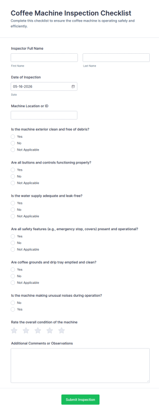 Coffee Machine Inspection Checklist Form Template