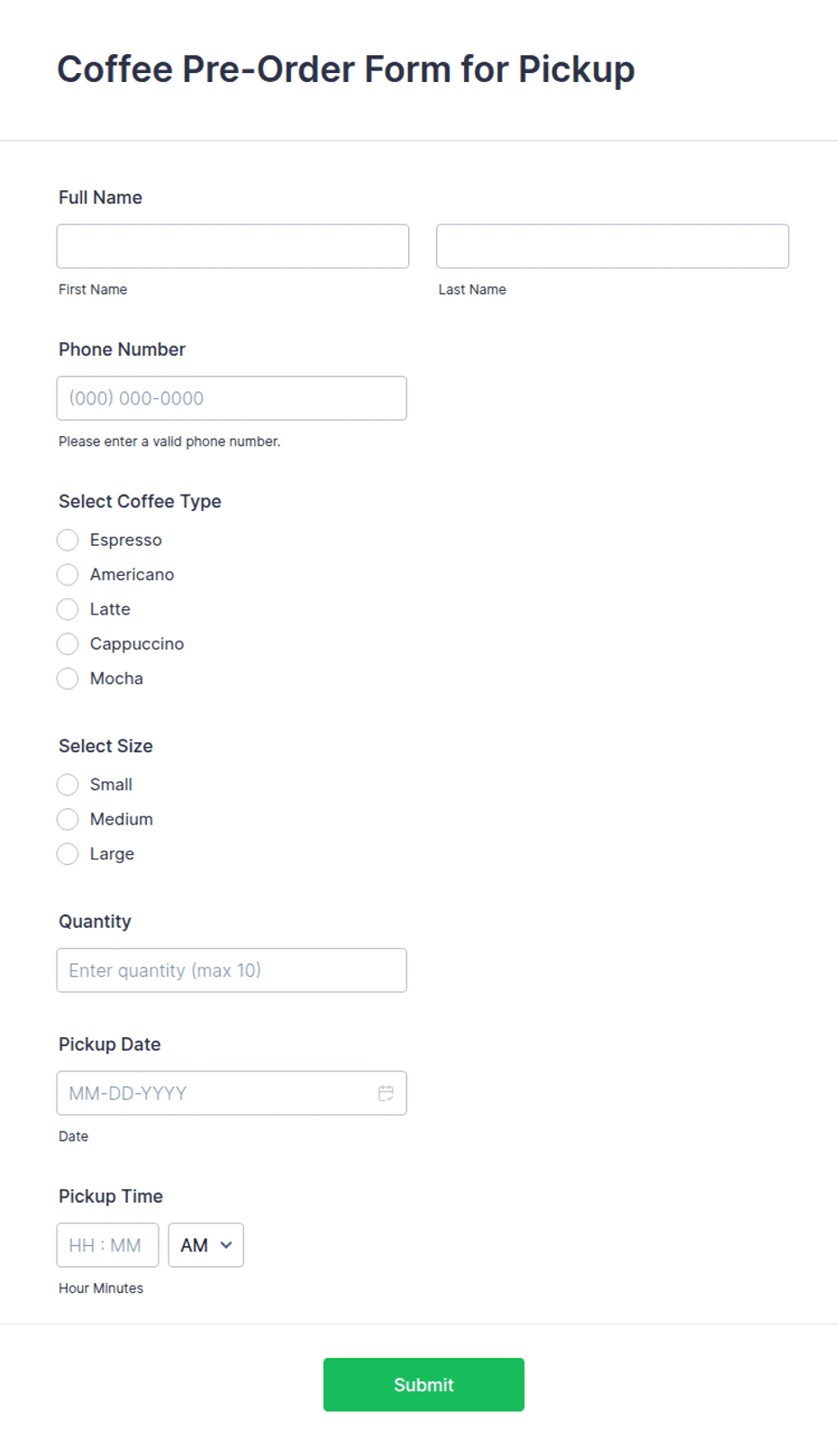 Java Coffee Order Form Coffee Pre-Order Form for Pickup | Jotform