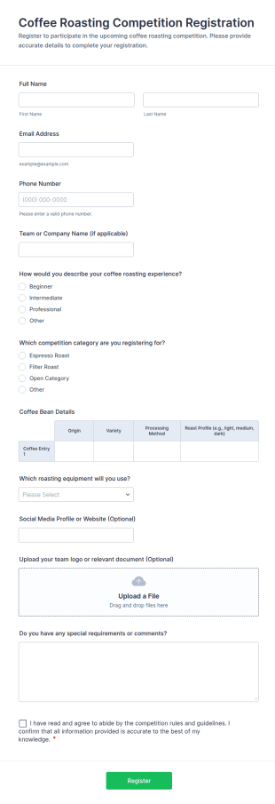 Coffee Roasting Competition Registration Form Template