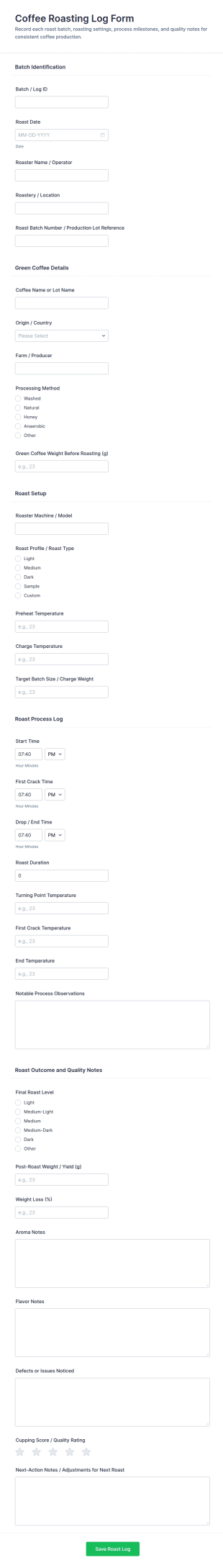 Coffee Roasting Log Form Template