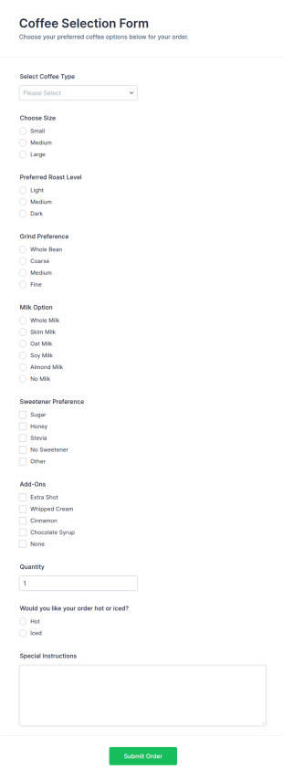 Coffee Selection Form Template