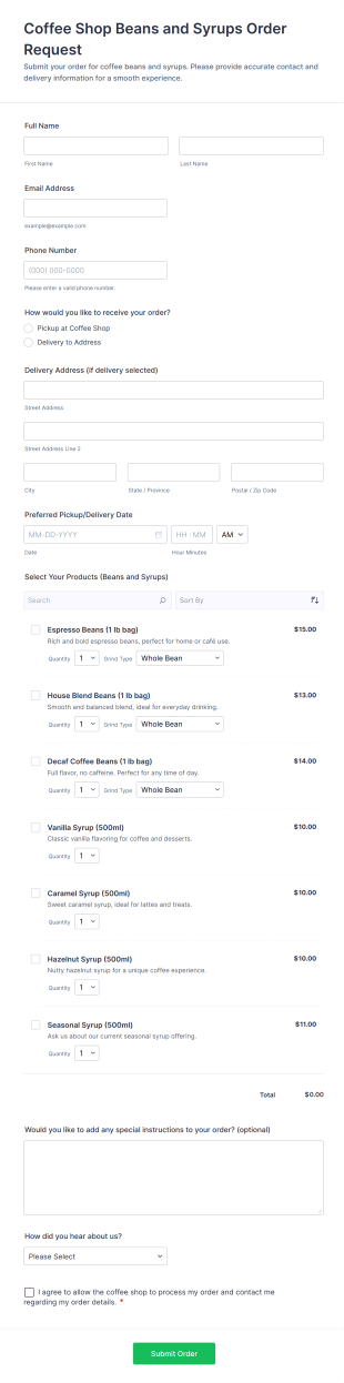 Coffee Shop Beans And Syrups Order Request Form Template