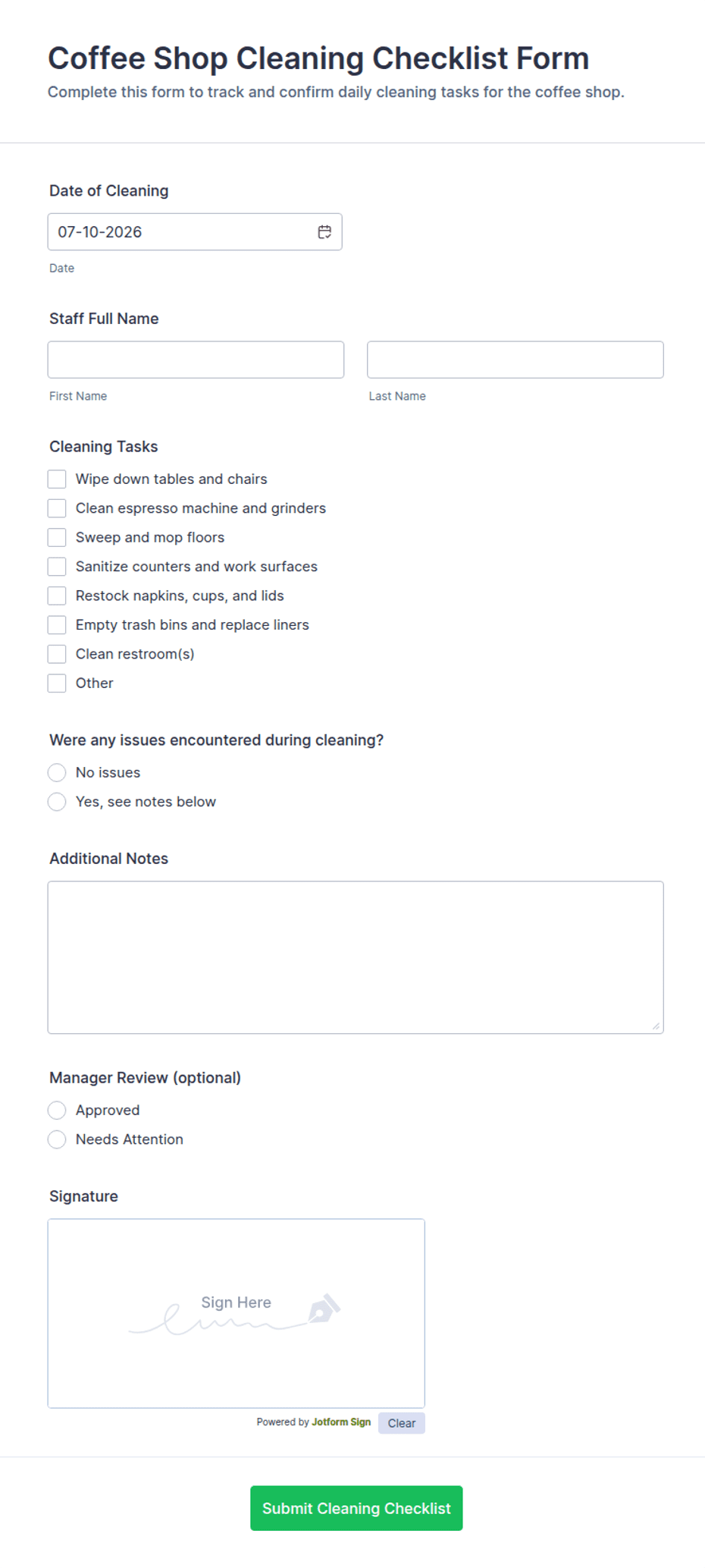 Coffee Shop Cleaning Checklist Form Template | Jotform