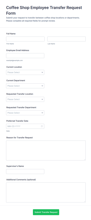 Coffee Shop Employee Transfer Request Form Template