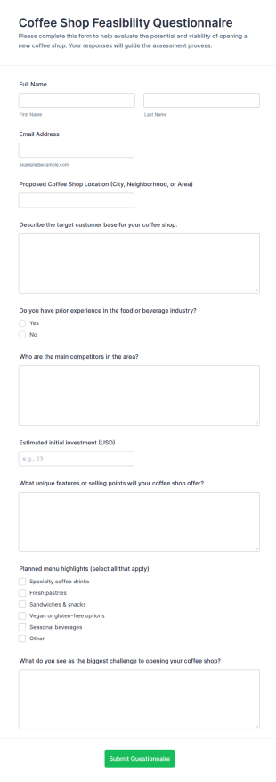 Coffee Shop Feasibility Questionnaire Form Template