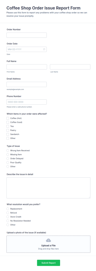 Coffee Shop Order Issue Report Form Template