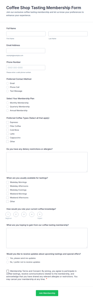 Coffee Shop Tasting Membership Form Template