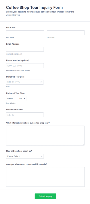 Coffee Shop Tour Inquiry Form Template