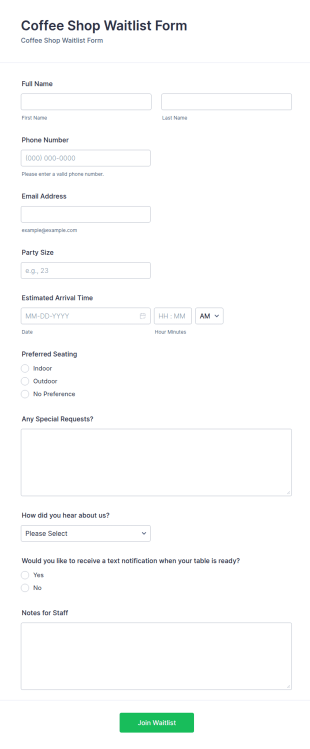 Coffee Shop Waitlist Form Template