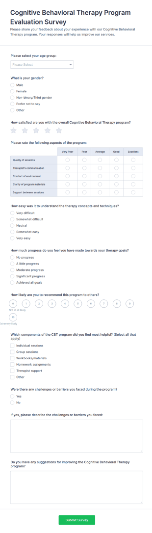 Cognitive Behavioral Therapy Program Evaluation Survey Form Template