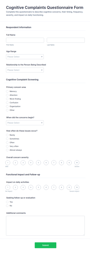 Cognitive Complaints Questionnaire Form Template