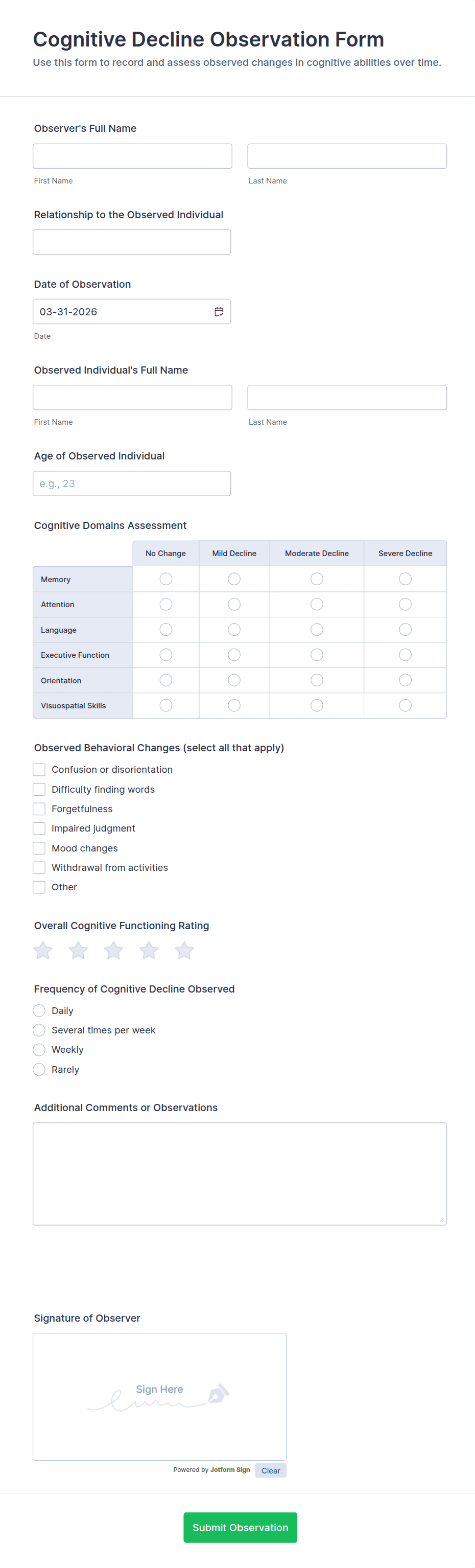 Cognitive Decline Observation Form Template | Jotform